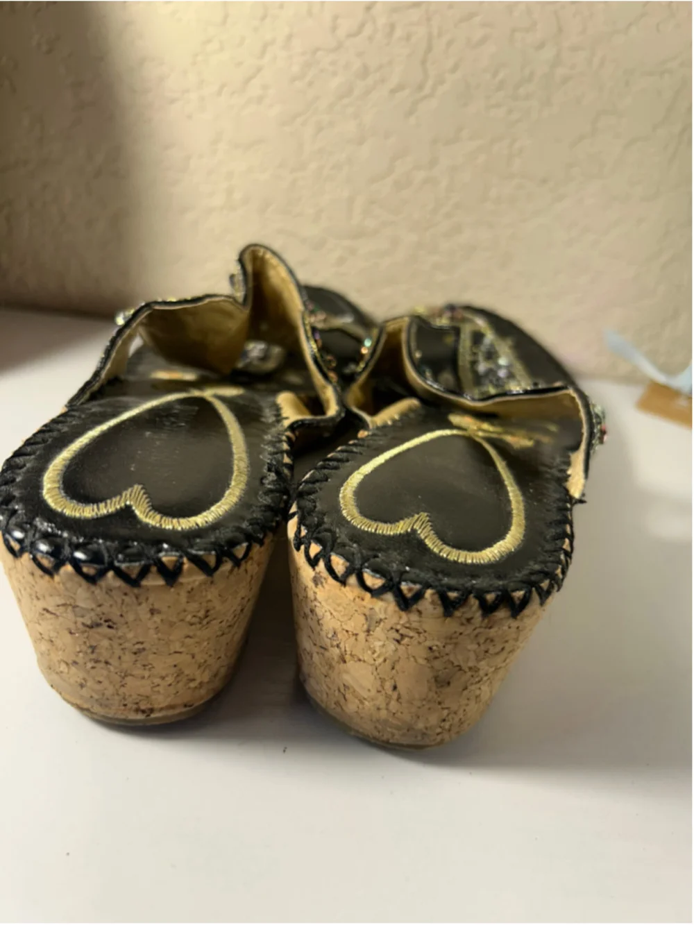 Women's Unbranded Beaded Cork Wedge Sandals Black and Gold